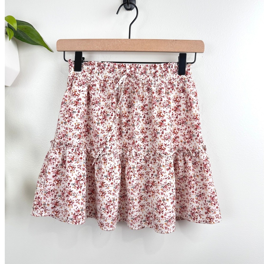 Paper Crane Floral Smocked Mini Skirt XS Cream Burgundy Cottagecore Feminine